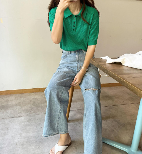 華奢感が女っぽ♡【GU】レーシーポロセーターは鬼リピ確実のデザイン!